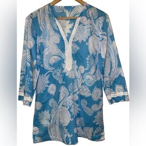 J. McLaughlin 100% Cotton Paisley Print Tunic White Lace Trim Size M Pastel Blue